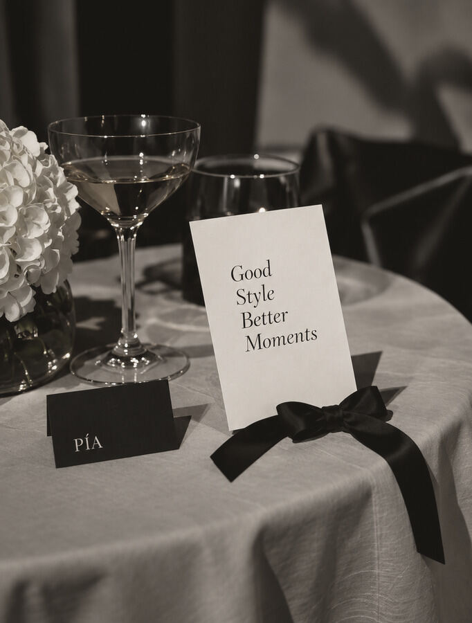 Mesa de evento con la tarjeta Good Style Better Moments y copas