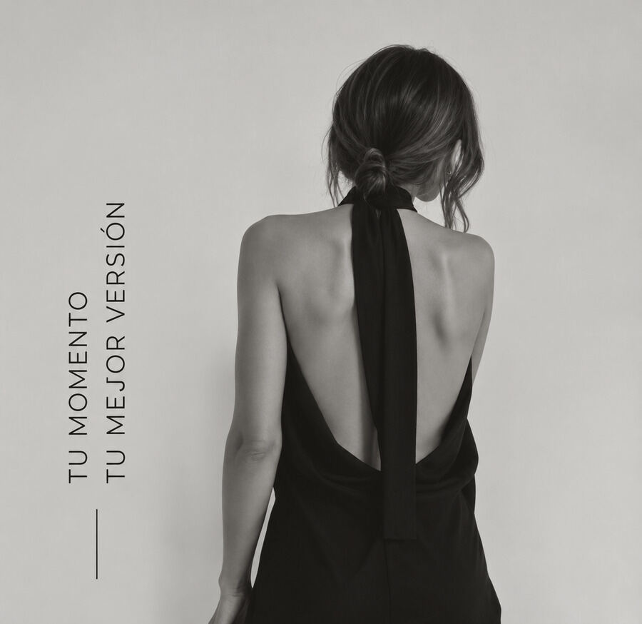 Pia de espaldas con vestido negro y el texto Tu momento, tu mejor version